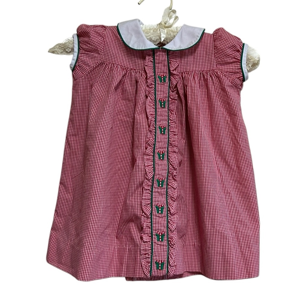 Little English Christmas Dress Size 2T Red White Gingham Embroidered NEW
